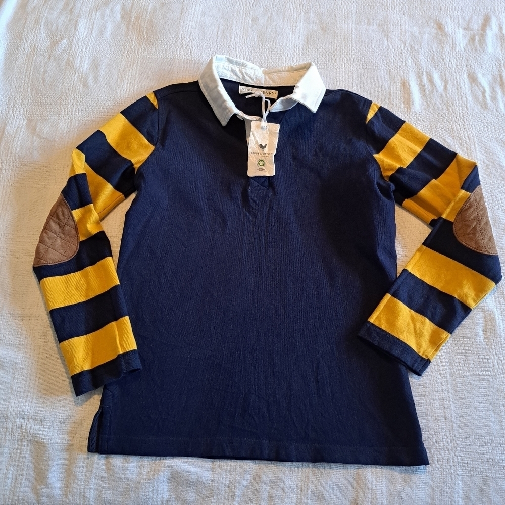Hope & Henry boys size Medium elbow patch long sleeve polo blue & gold, New